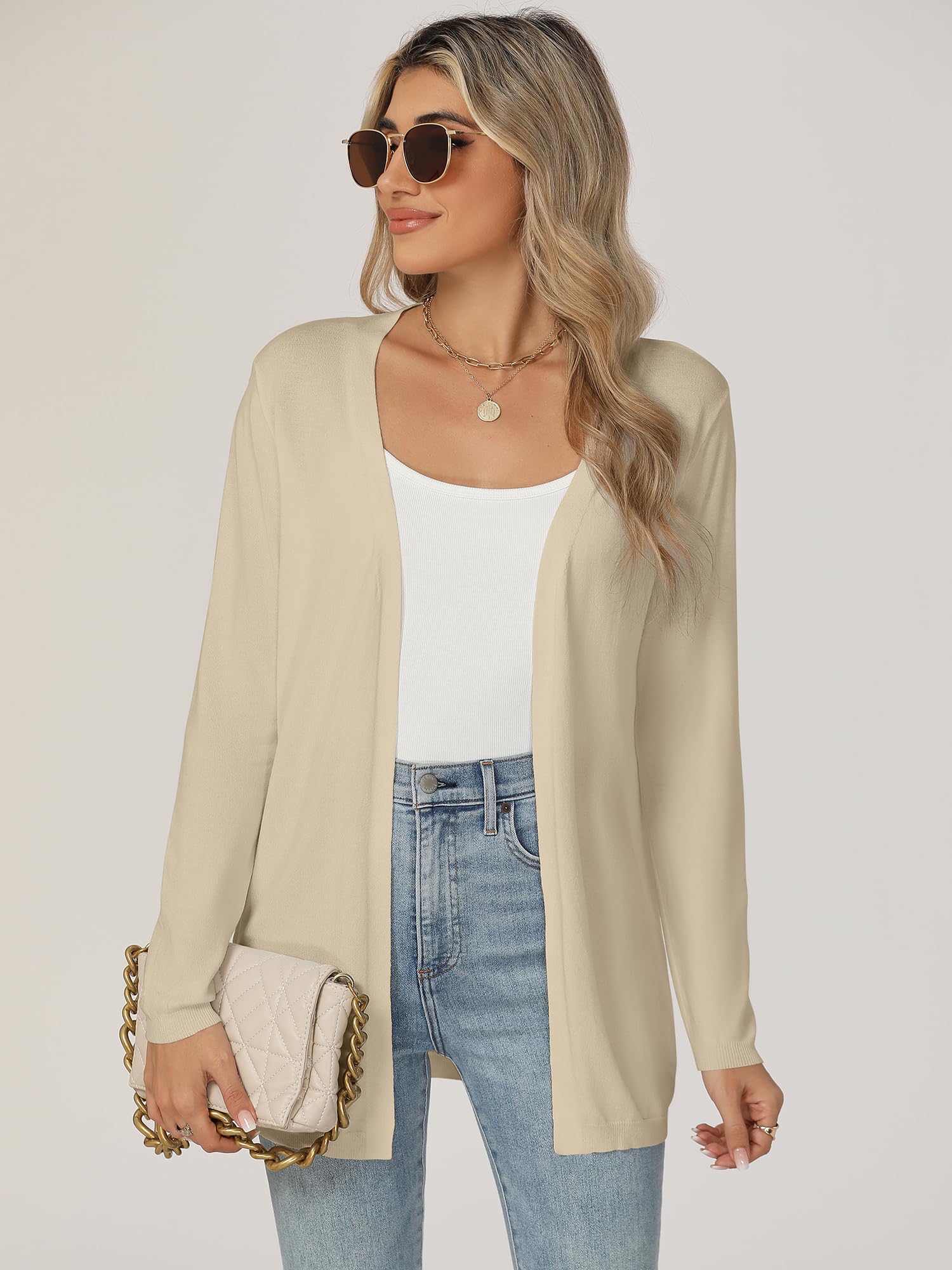 Cardigan Donna Maglia Maniche Lunghe Elegante Lungo Leggero Aperto Giacca Tinta Unita Estivo Primavera