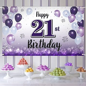 Happy 21st Birthday Decorations,21st Purple Balloon Large Birthday Banner Backdrop Sign,Cheers to 21 Years Old Bday Party Supplies.