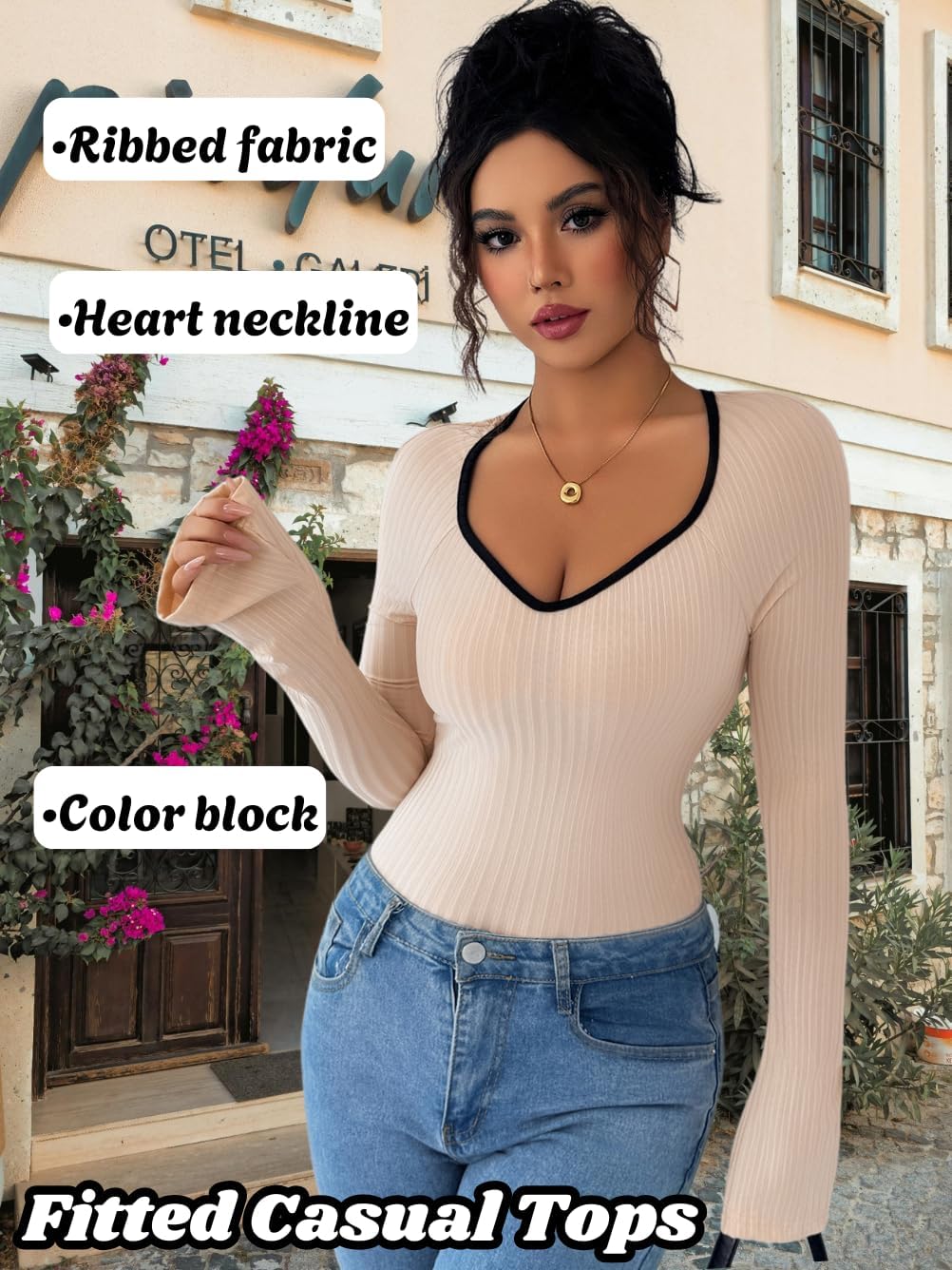 ShawGobow Sweetheart Neckline Top,Ribbed Long Sleeve Tops for Women,Basic Casual Going Out Fitted Shirts