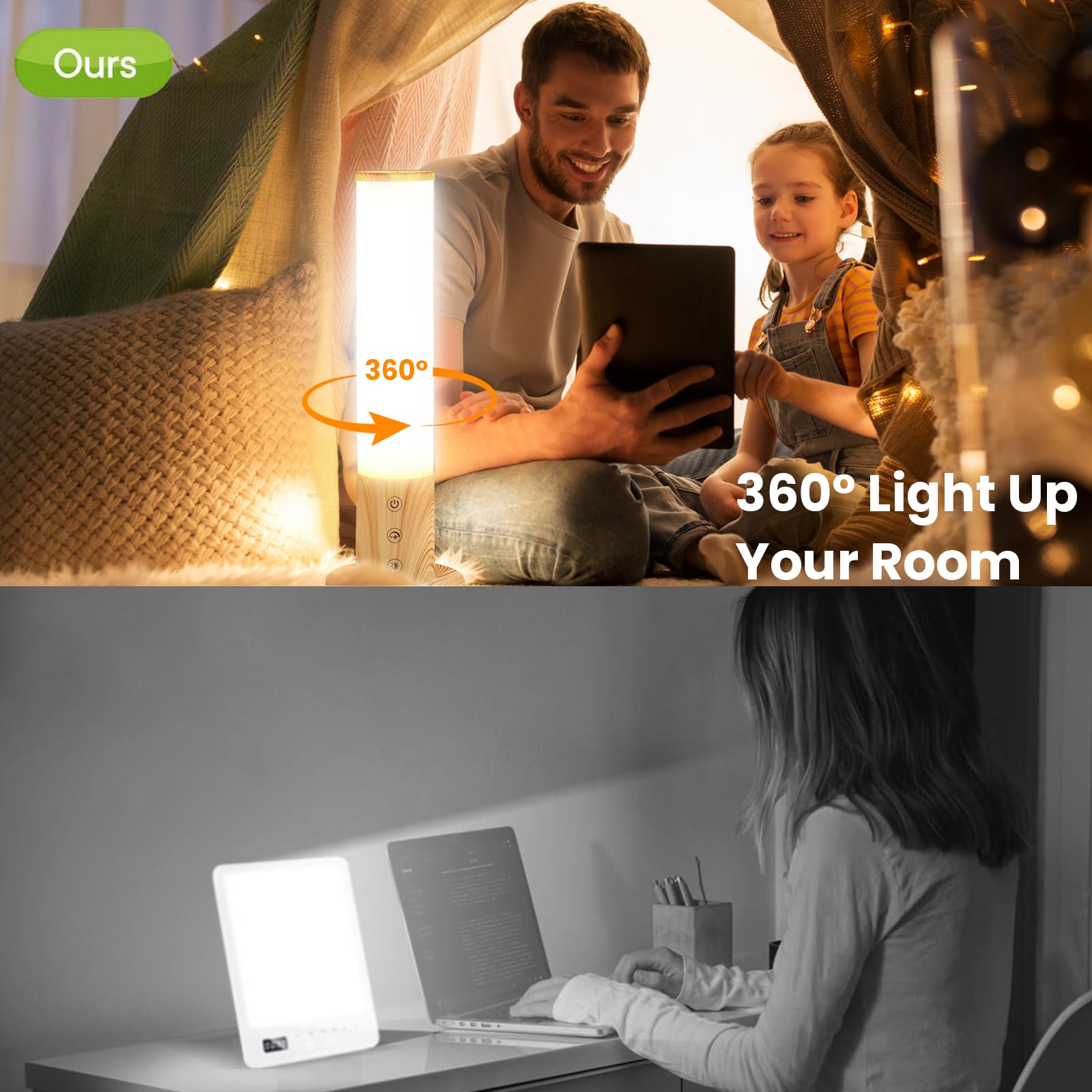 Caromolly Tageslichtlampe, Lichttherapielampe mit 3 Farbtemperaturen & 5 Helligkeitsstufen, flimmer- und UV-freie LED-Tageslichtleuchte