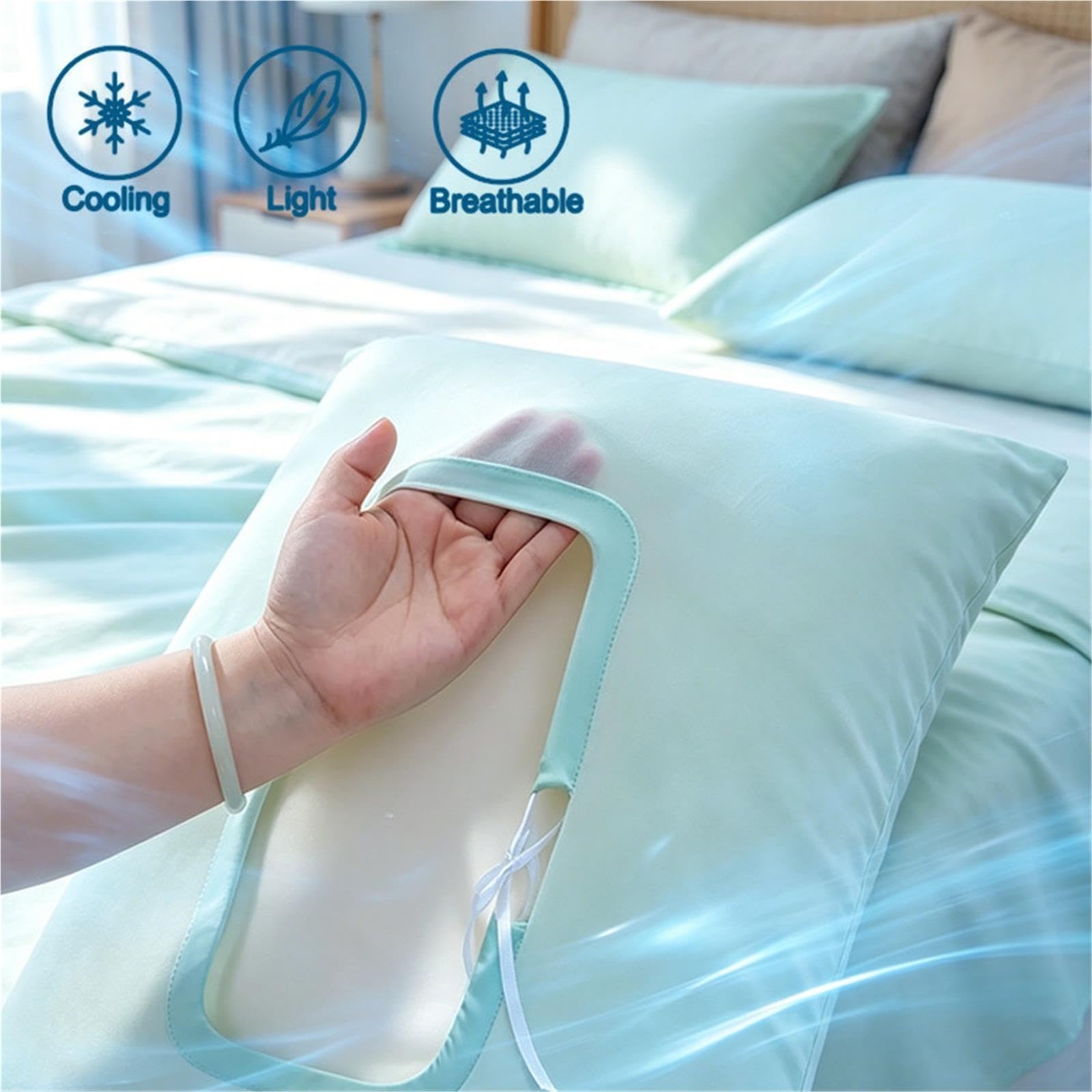 Federe Rinfrescanti Federa in seta stretch color ghiaccio | Le fasce elastiche si adattano perfettamente ai cuscini in memory foam(Blue,4PCS)
