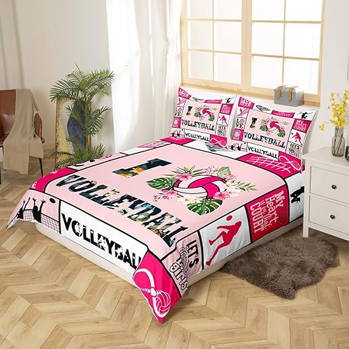 Miniatura 2 de Manfei Juego de funda de edredón de voleibol tamaño matrimonial, funda de edredón con 2 fundas de almohada, diseño geométrico a cuadros rosados,