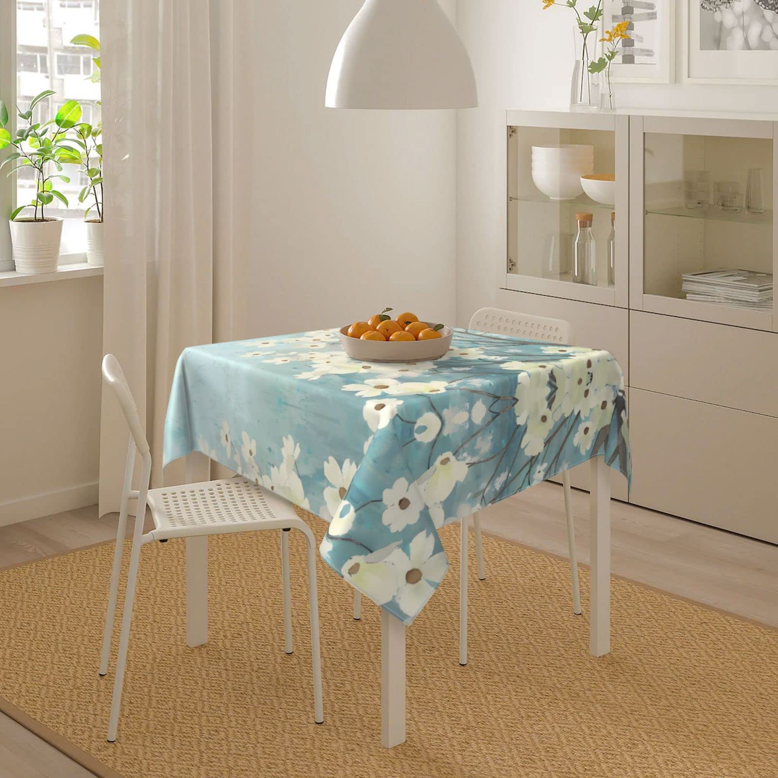 Nappe Ronde Transparente Aoztio Style Lin Nappe Ronde 120 Cm, Avec Un Joli Motif De Fleurs Bleues, Lavable En Machine Nappe Salon De Jardin Exterieur