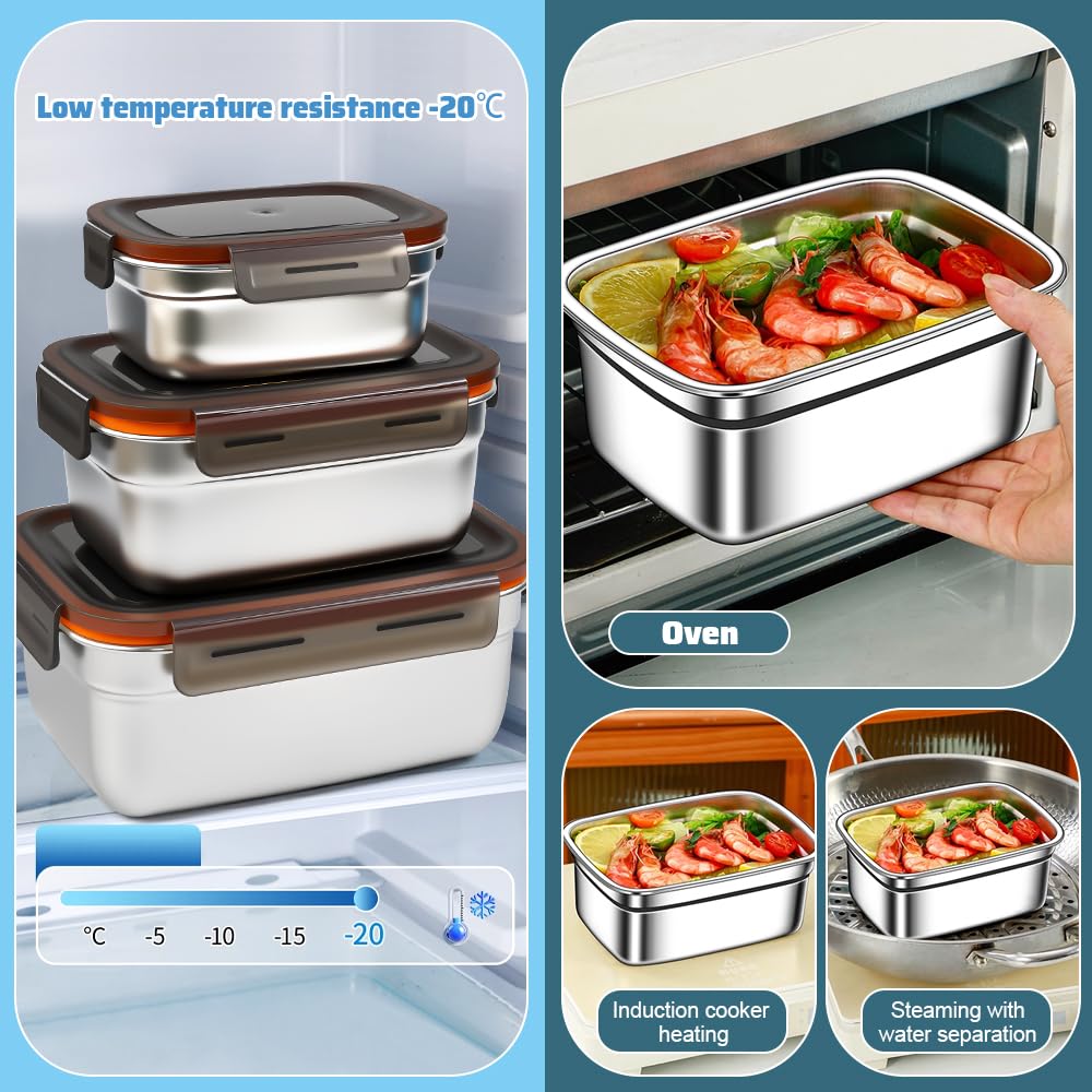 4Pz Contenitori Salvafreschezza in Acciaio Inox Contenitori per Alimenti con Coperchio 550/1100/1900/3500ML Contenitori Ermetici per Alimenti per Scuola Lavoro Picnic Lavastoviglie Frigorifero