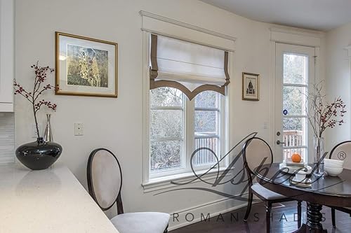 Miniatura 3 de LOGANOVA Flat Roman Shade Chevalle Cafe. White base, rich brown border on three sides, scalloped bottom and chain mechanism. Custom made.