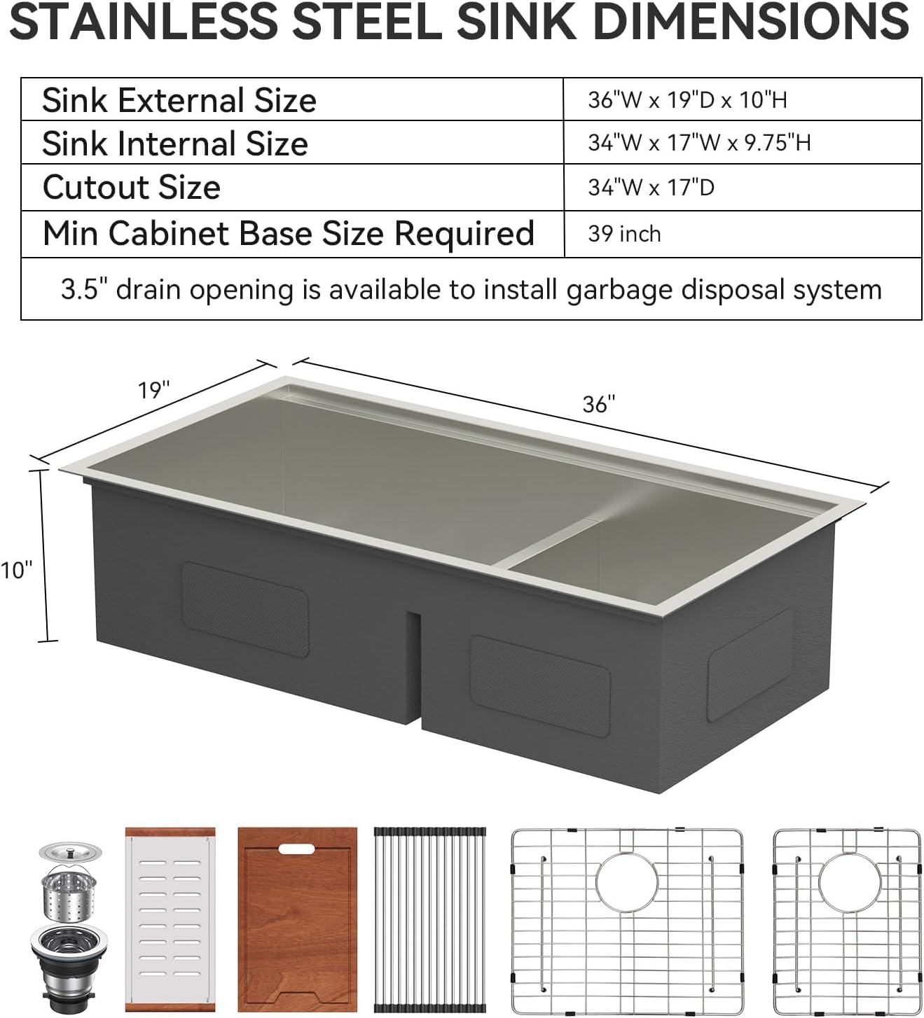 Lordear 36 Inch Double Bowl Kitchen Sink Ledge Workstation Sinks Double Bowl 60/40 Low Divide 16 Gauge Stainless Steel 36x19 Inch Undermount Kitchen Sinks