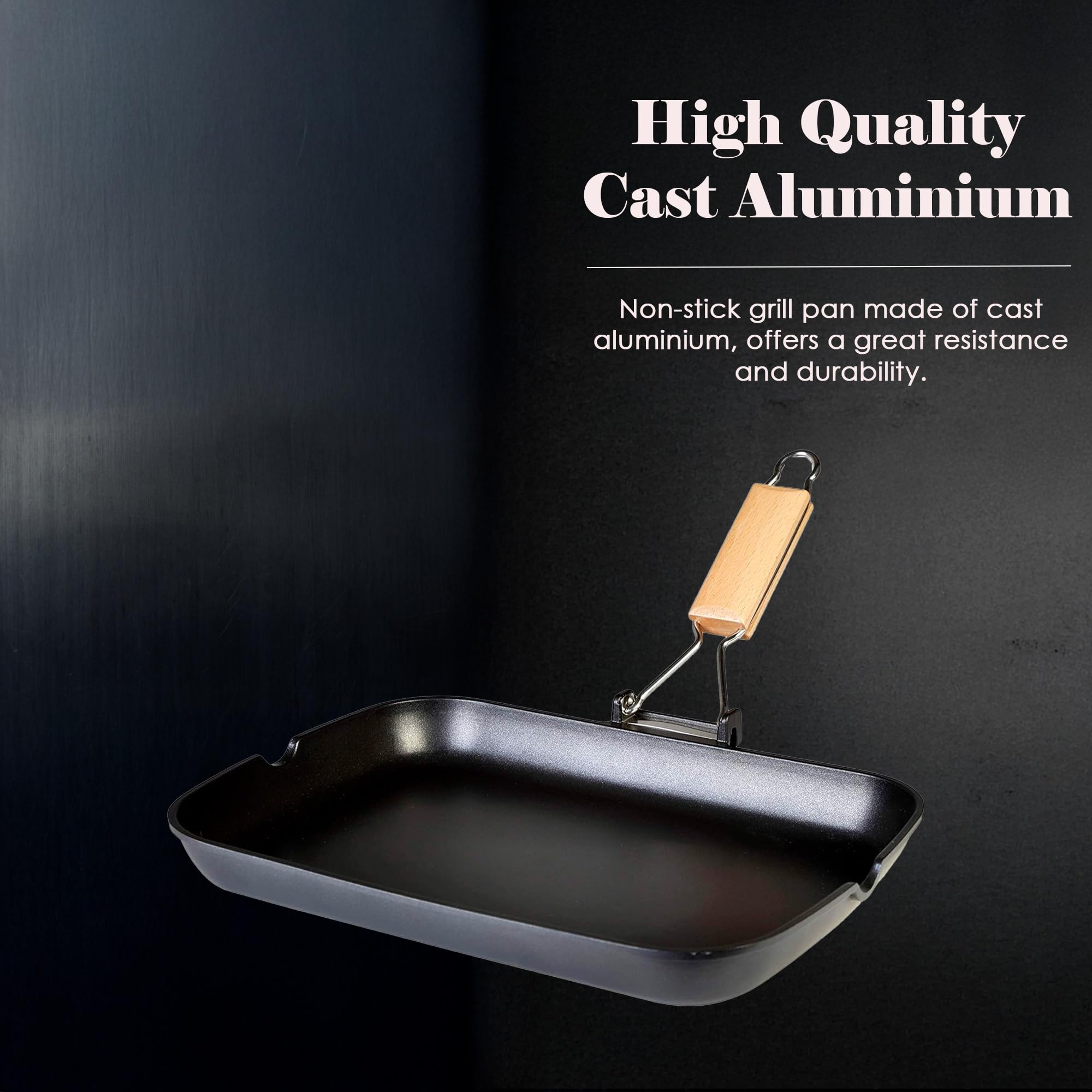 WECOOK! Ecostone Grill Asador Inducción Liso 34 X 24cm, Antiadherente ILAG Ecológico sin PFOA, Aluminio Fundido, 5mm Espesor, Mango Madera Plegable, Apta Todas las Cocinas Vitrocerámica, Gas