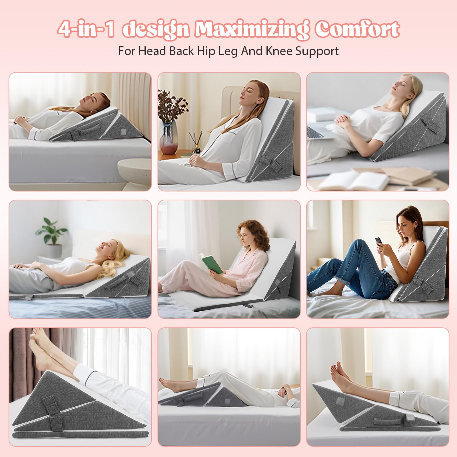 Cuscino a Cuneo per Letto 3pcs, Cuscino Antireflusso Adulti, Cuscino Triangolare Regolabile, Cuscinos di Reflusso Ergonomico per Apnea Notturna, Reflusso Acido, Elevazione Delle Gambe