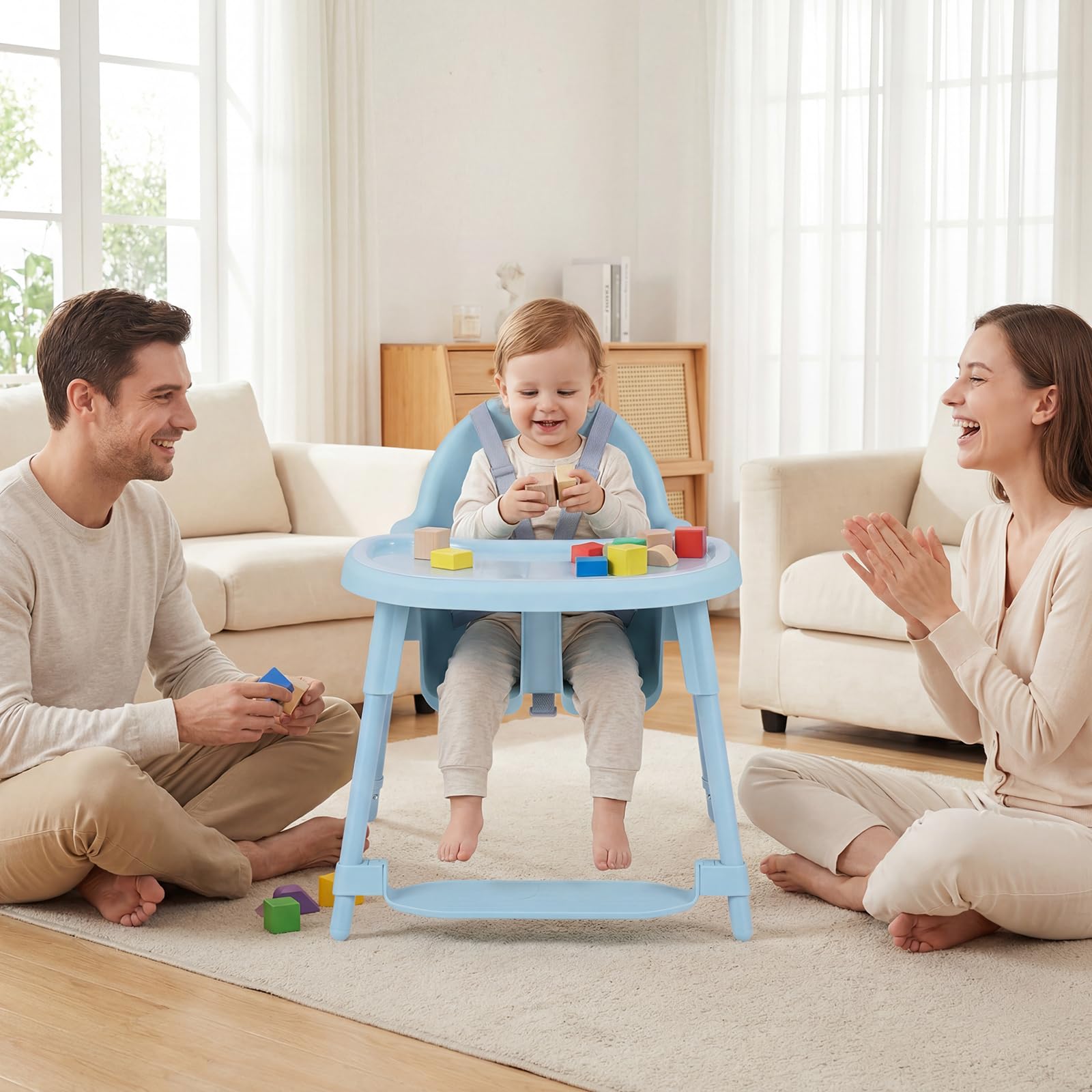 COSTWAY 4 en 1 Tronas de Bebe, Trona Infantil Convertible con 2 Alturas, Bandeja Doble Extraíble, Arnés de Seguridad de 5 Puntos, Reposapiés, Silla de Comer para Bebes de 6-36 Meses (Azul)