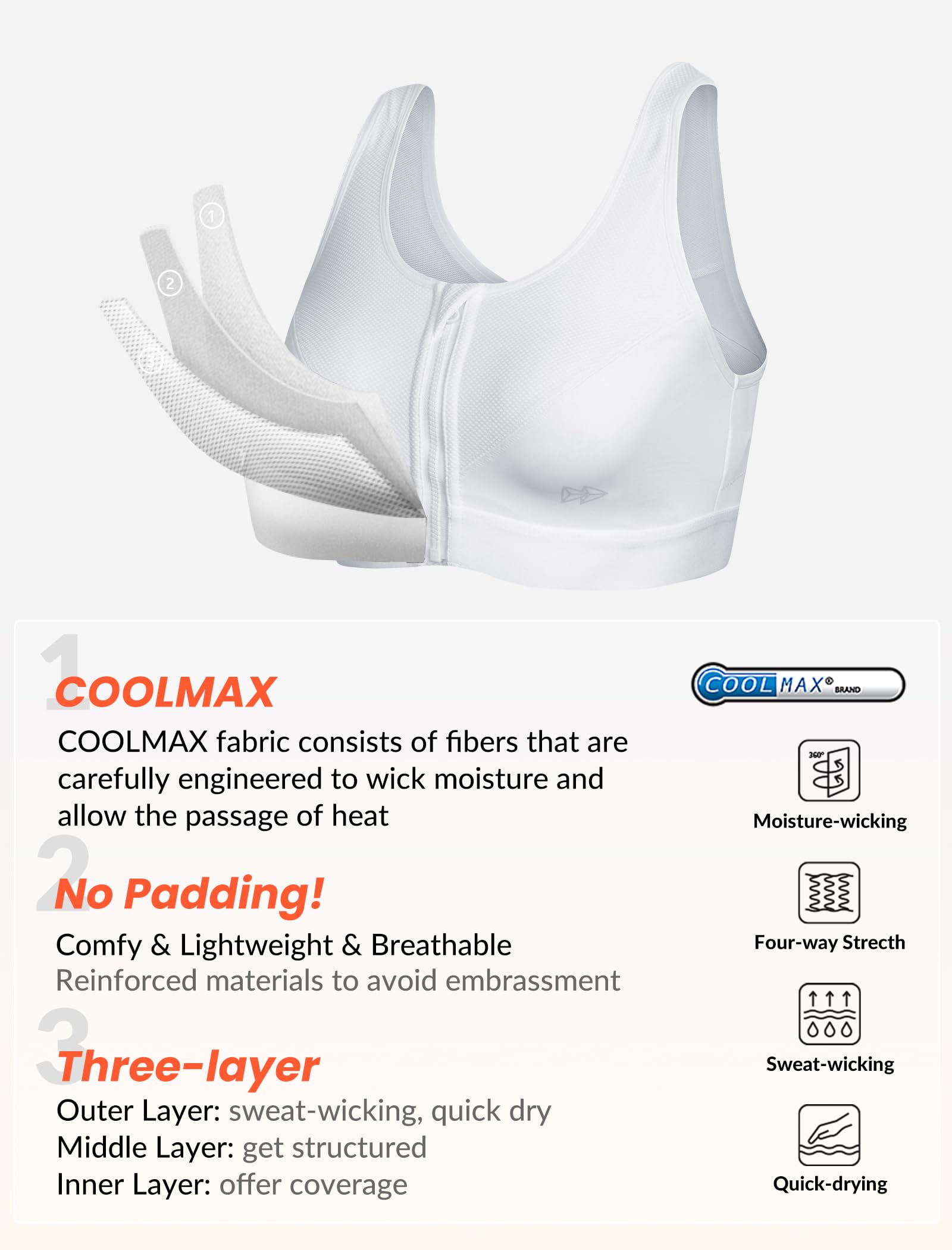 Yvette Sujetador deportivo de alto impacto - Sujetador deportivo con cremallera frontal para mujer, Blanco, 90B
