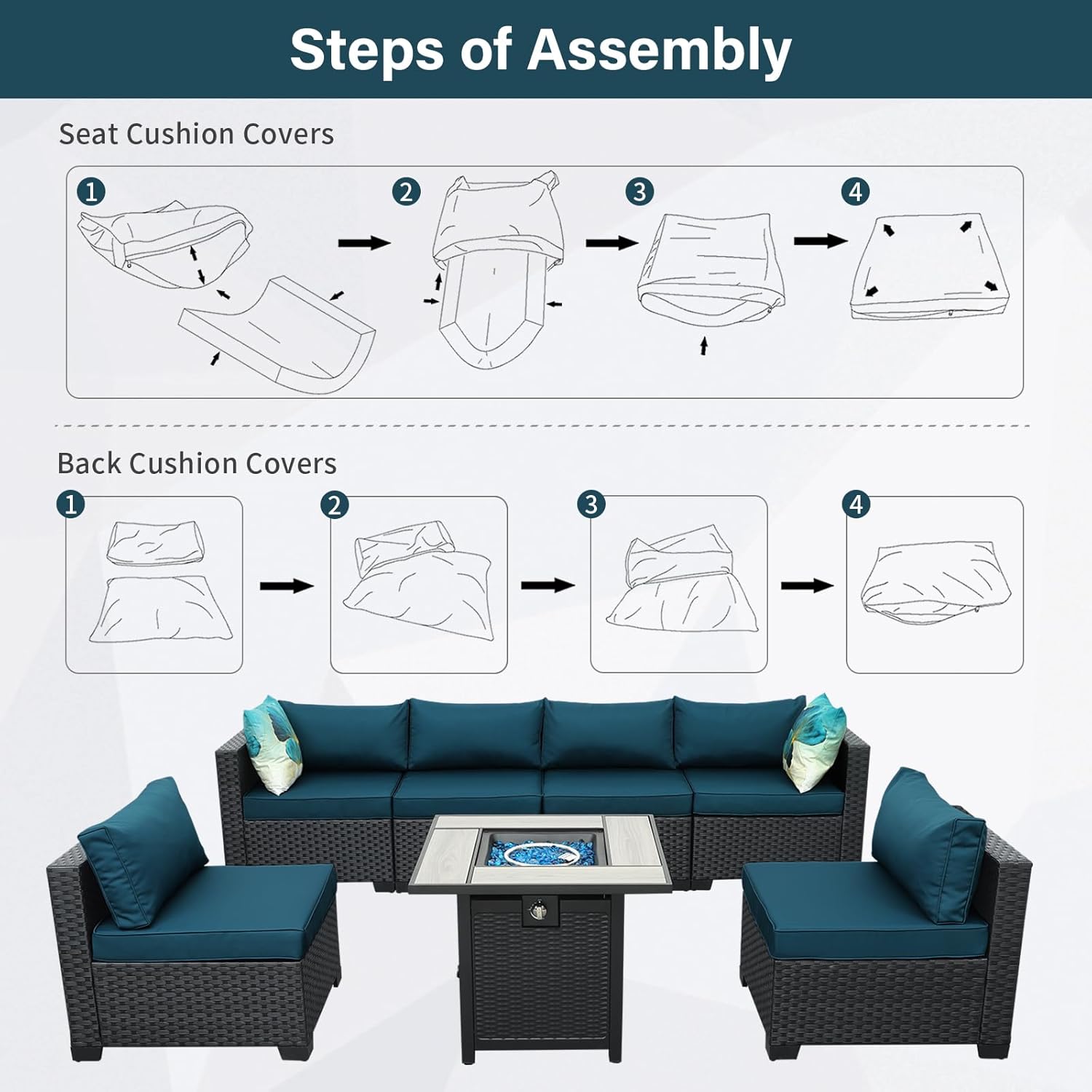Patio Furniture Set Cushion Covers Outdoor Sectional Sofa Waterproof Square Couch Cushion Covers Outdoor Cushion Slipcovers Replacement for Outdoor Furniture,Non-Slip,Peacock Blue
