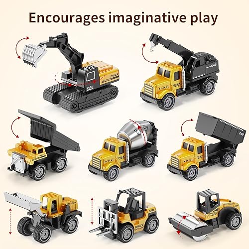 Miniatura 7 de HONGTUO Mini vehículos de construcción de aleación, juego de 8 piezas de juguetes de construcción fundidos a presión, excavadoras, camión mezclador,