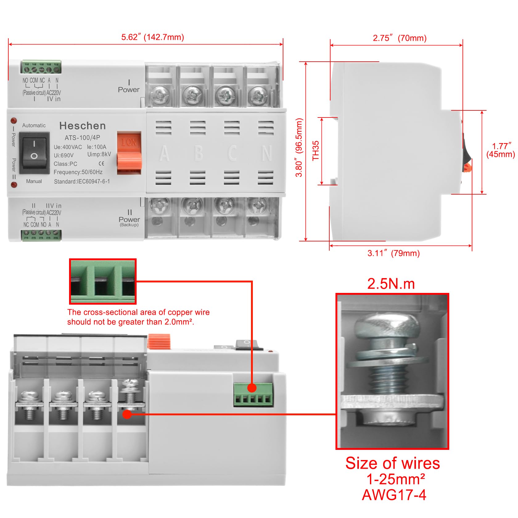 Heschen ATS Doppelstrom-Automatikumschalter, ATS-100 4P 100A, 400 VAC, 8kV, PC-Klasse, automatisch/manuell, für die Umschaltung von Stromkreisen