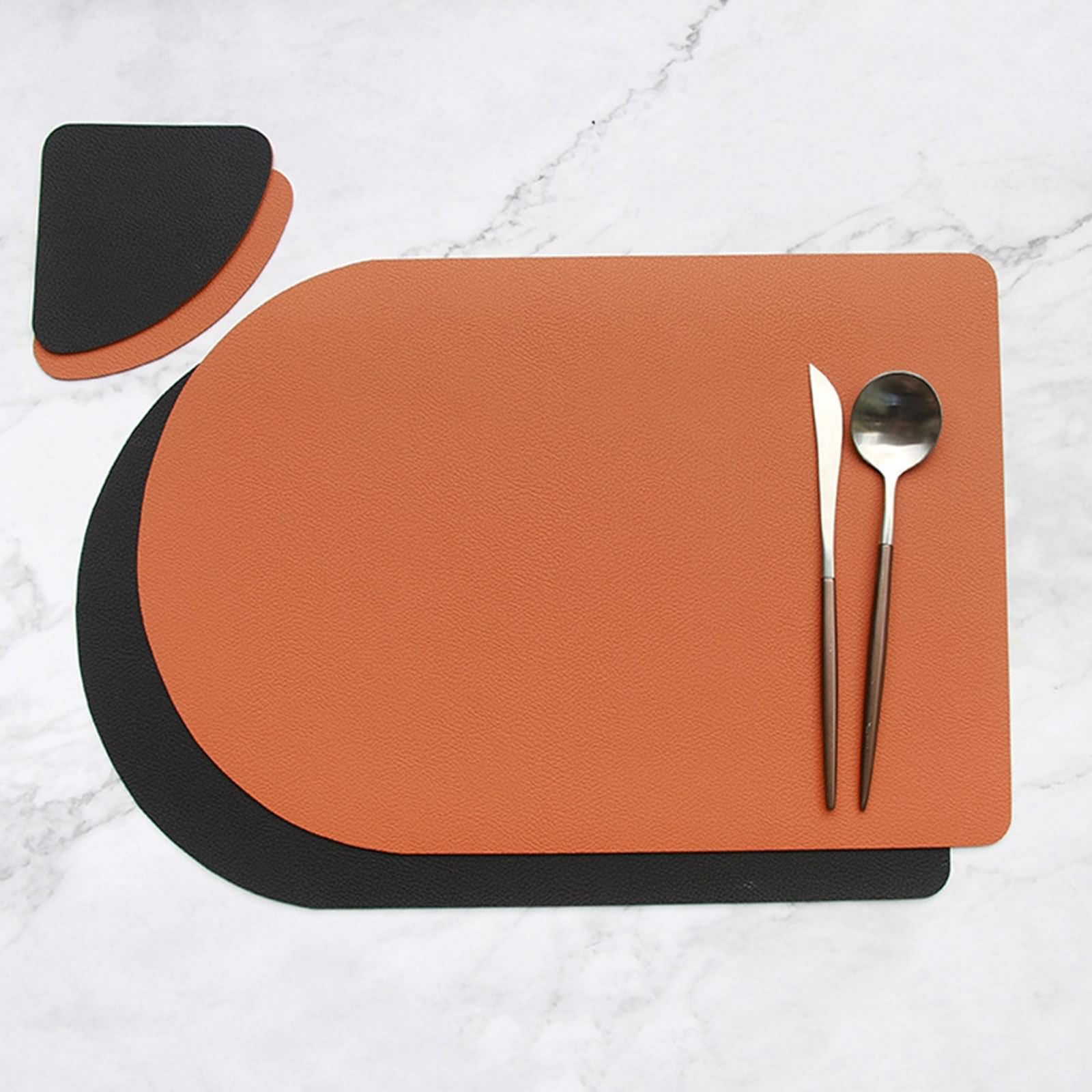 Tisch Platzset 4er, Tisch Untersetzer Herbst 30x44cm Wendbarer Zweifarbiger Uni-Look mit Untersetzer PU Leder Orange Braun Schwarz
