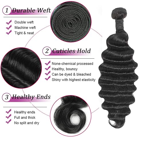 Miniatura 3 de Pinjuoo Extensiones de cabello humano suelto de onda profunda con cierre, paquetes de ondas sueltas profundas, cabello humano ondulado dp con