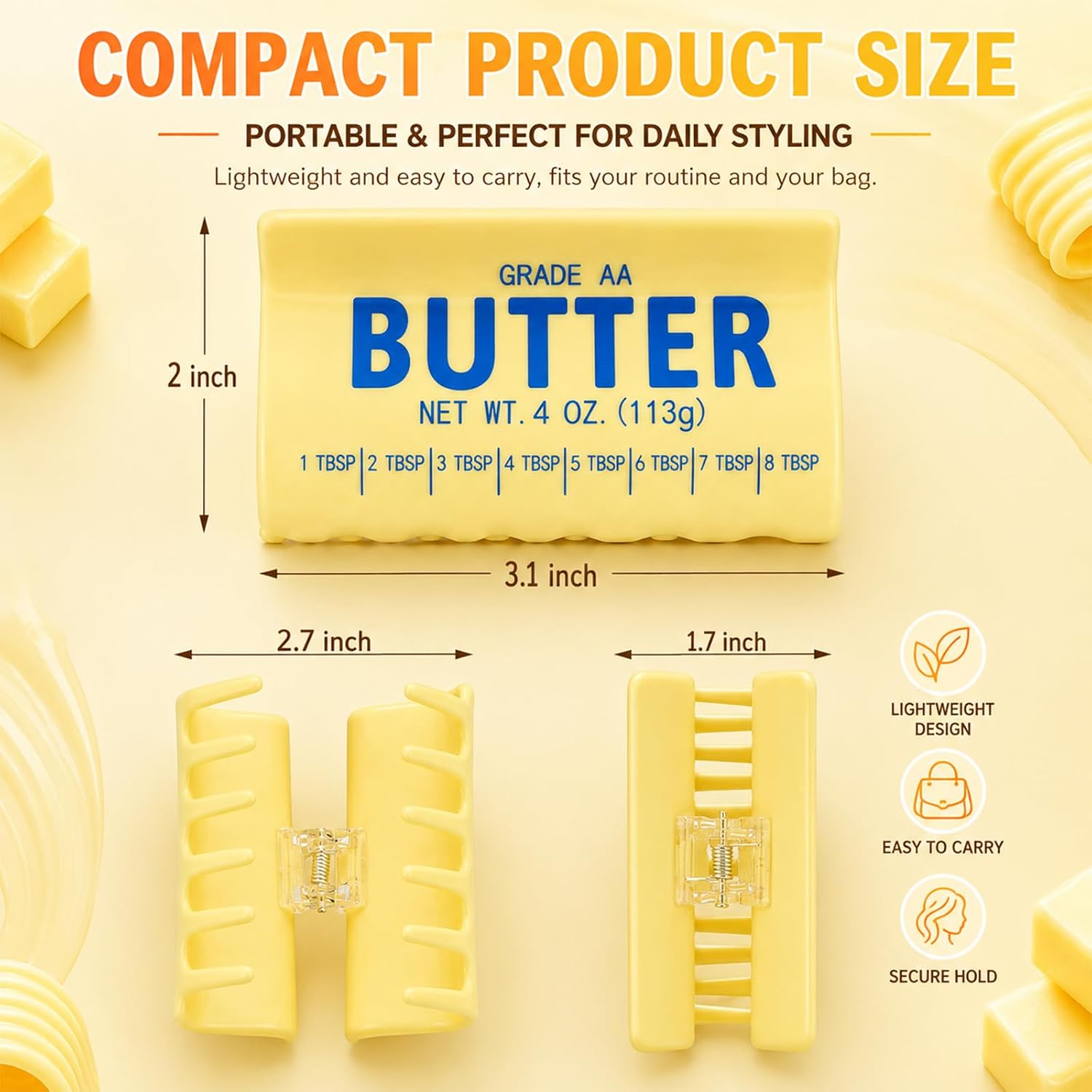 2 Pack Butter Hair Claw, Accessory in Realistic Butter Design Clip for Women Funny Plastic Hair Ideal Gift for Everyday Wear