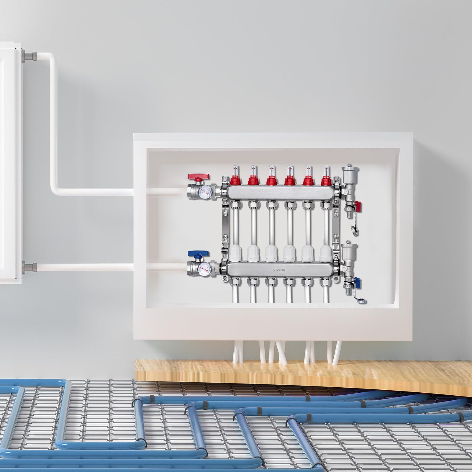 VEVOR Colector de Calor Radiante de 6 Derivaciones, Colector de Tubería PEX de Acero Inoxidable SUS304 para Calefacción por Suelo Radiante Hidrónico, con Adaptadores, 490 x 370 x 110 mm, 0-5 L/min