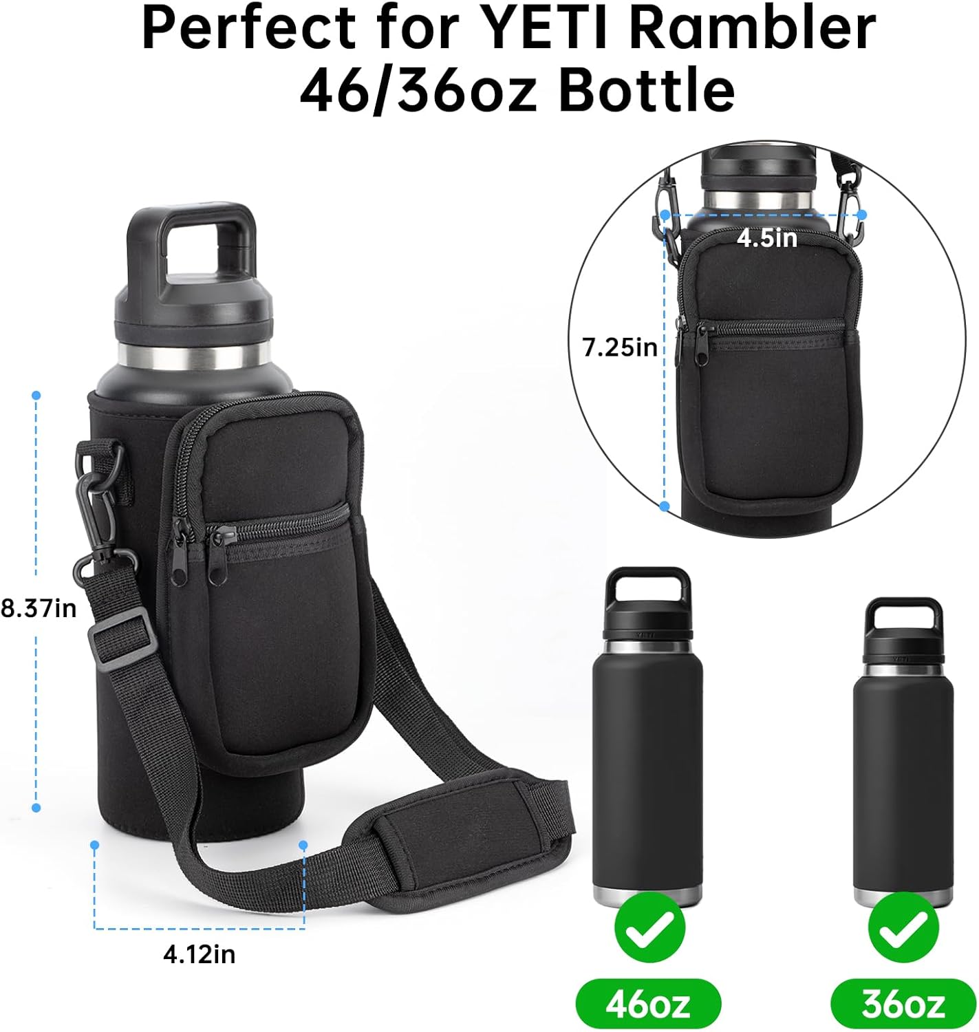 Water Bottle Carrier Bag for YETI Rambler 46/36oz Bottle - Water Bottle Holder with Strap, Adjustable Shoulder Sling Bag with 2 Pocket for Travel Hiking - Image 6