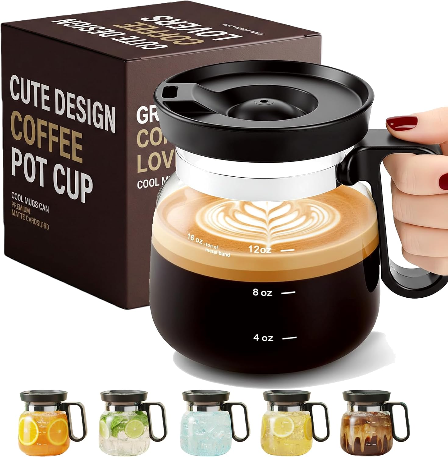 Coffee Pot Mug with Lid,16 Oz Glass Mini Coffee Cup | Spill Proof Heatproof Large Capacity Clear Travel Mug & Novelty Gift for Coffee Lovers & Office Desk (Coffee Pot-1 PCS)
