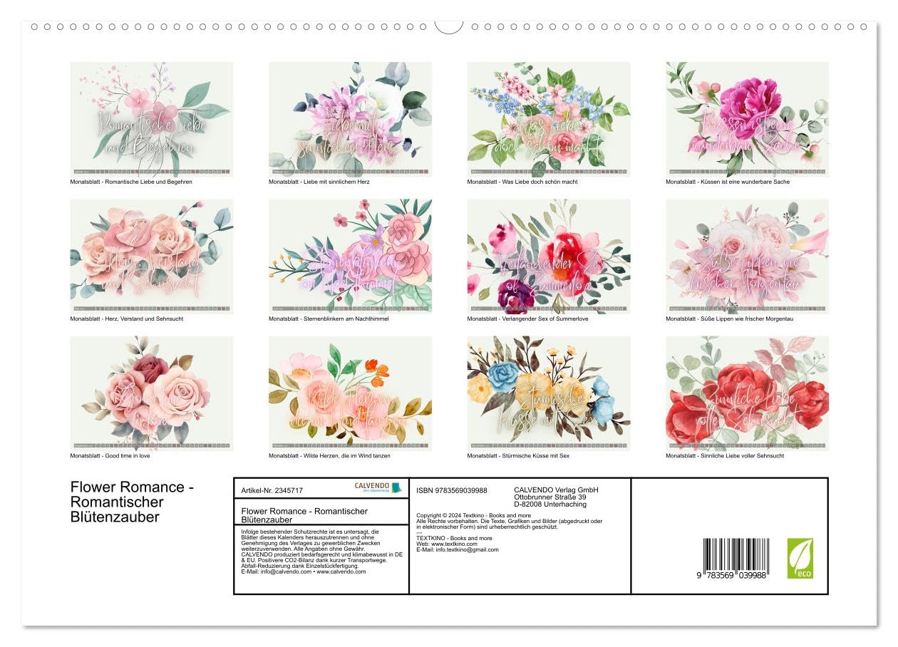 CALVENDO - Flower Romance - Romantischer Blütenzauber (hochwertiger Premium Wandkalender 2027 DIN A2 quer), Kunstdruck in Hochglanz: Romantischer Begleiter für's ganze Jahr mit zauberhaften Sprüchen