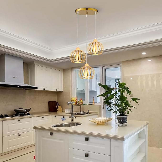 iDEGU iDEGU Vintage industriële hanglamp van hout en ijzer, kooi-design, 20 cm, lampenkap, E27, hanglamp voor woonkamer, slaapkamer, eettafel, keuken, hal, rond, goud photo 2