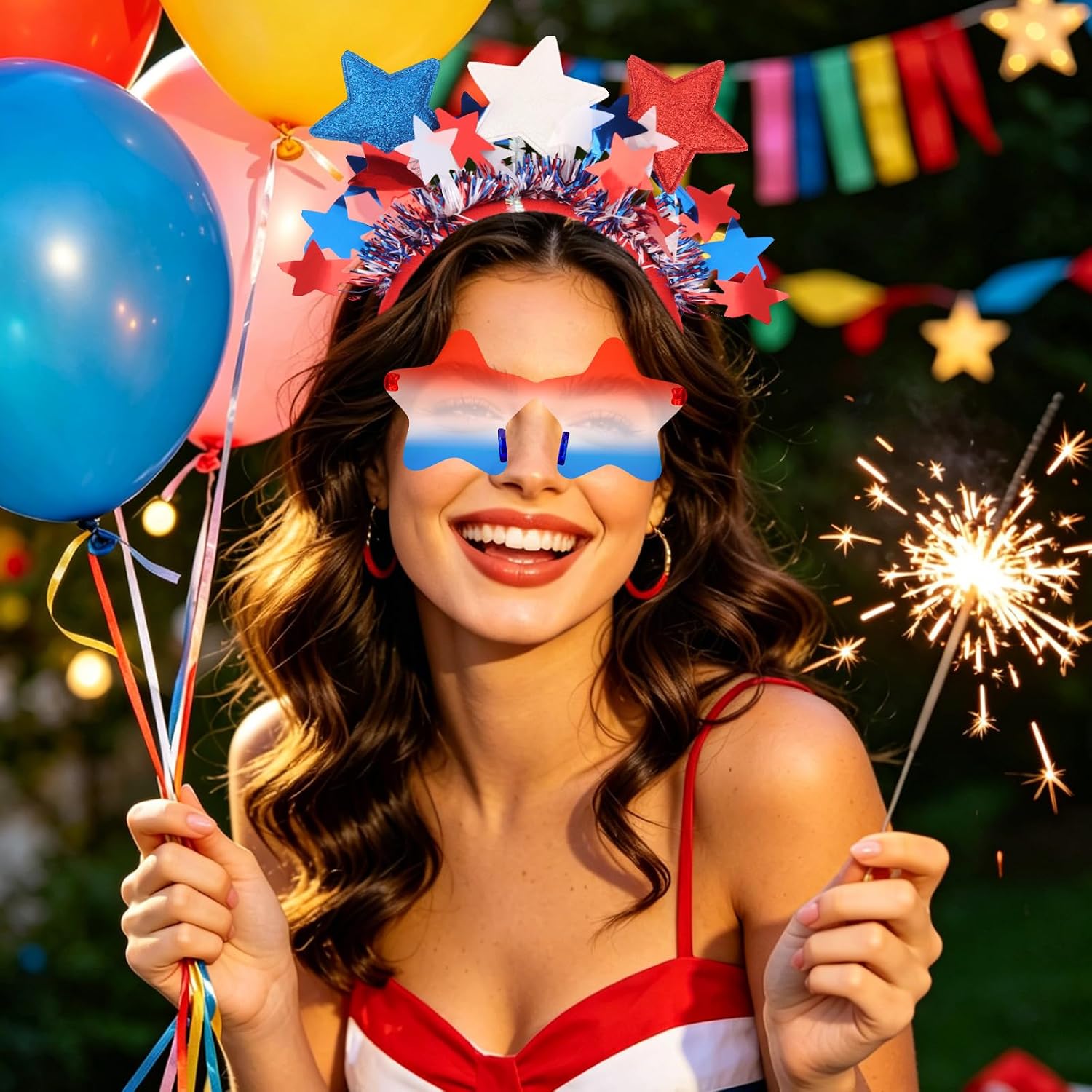 Jaciya Patriotic Tinsel Headband - Red White Blue Star Hair Accessory for 4th of July, Independence Day, Memorial Day (Headband + Gradient Star Glasses)