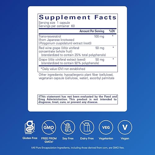 Vista 2 de Pure Encapsulations Resveratrol EXTRA - 100 mg Trans-Resveratrol - Para una función celular y cardiovascular saludable* - Suplemento antioxidante