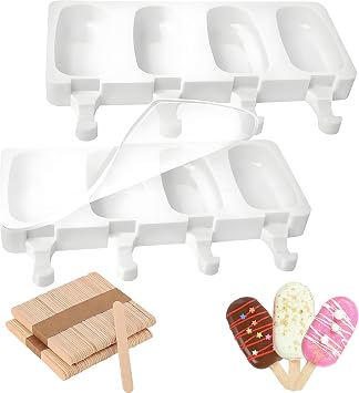 2 Pack Silicone Popsicle Molds, 4 Cavities Oval Ice Cream Pop Molds with 100 Wooden Sticks, Clear Reusable DIY Homemade Ice Pop Maker