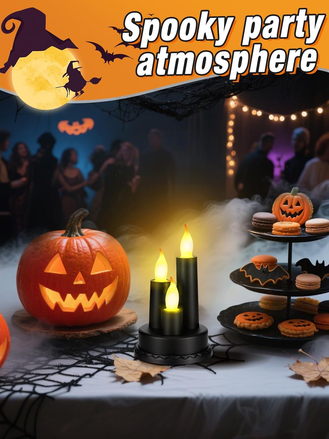 Alphatool 2025 Novelty 3 in 1 Halloween Flameless Candles - LED Pillar Black Candles, Battery Operated for Halloween Decorations Indoor Fireplace Windows Table Porch Party Supplies