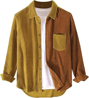 Lucrosun Mens Regular Fit Corduroy Shirt Color Block Button Up Shacket Jacket