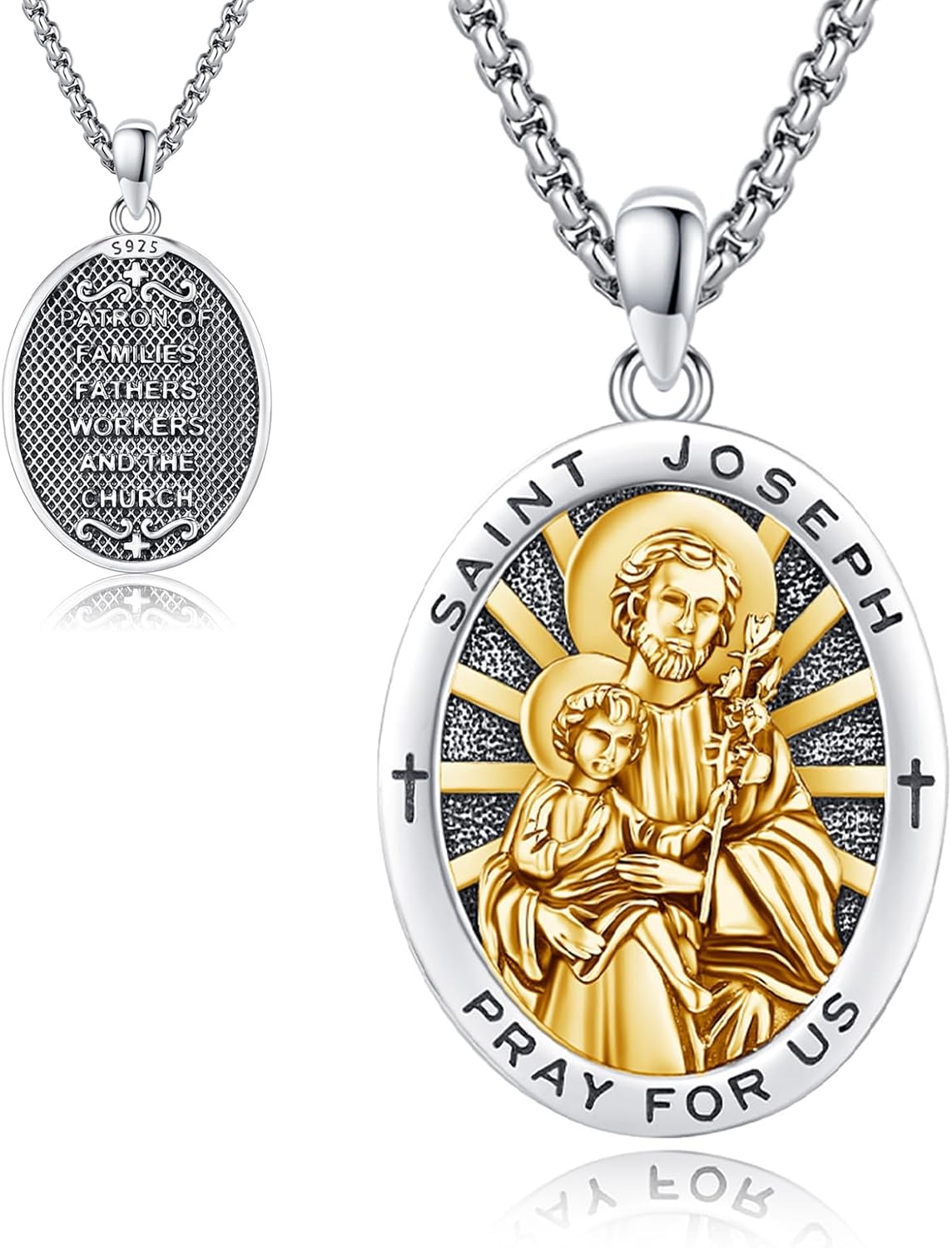 St Joseph Medal Necklace for Men Women, 925 Sterling Silver Patron Saint Medal Necklace Catholic Protection Pendant Amulet Religious Jewelry Gifts