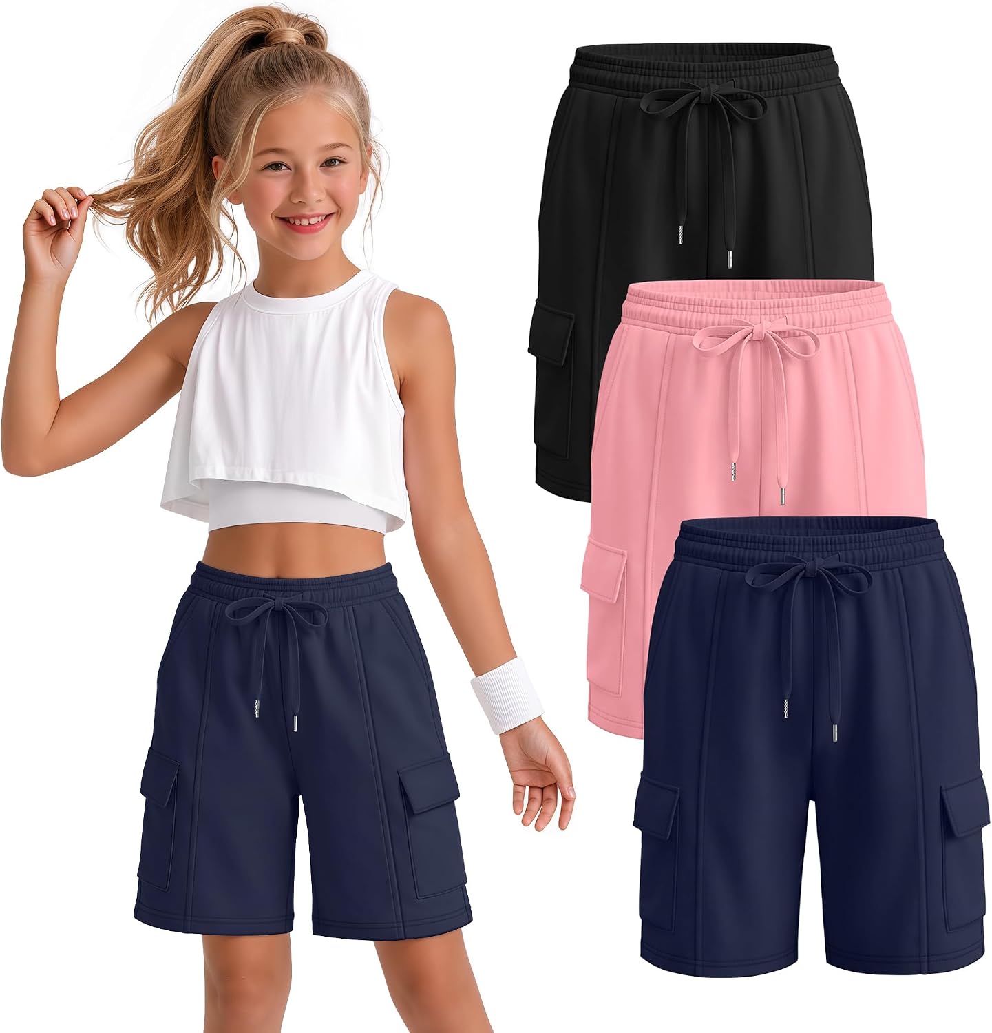 3 Pack Girls' Bermuda Cargo Shorts with 5 Pockets 5-14 Years Knee Length Wide Leg Drawstring Casual Sweat Shorts
