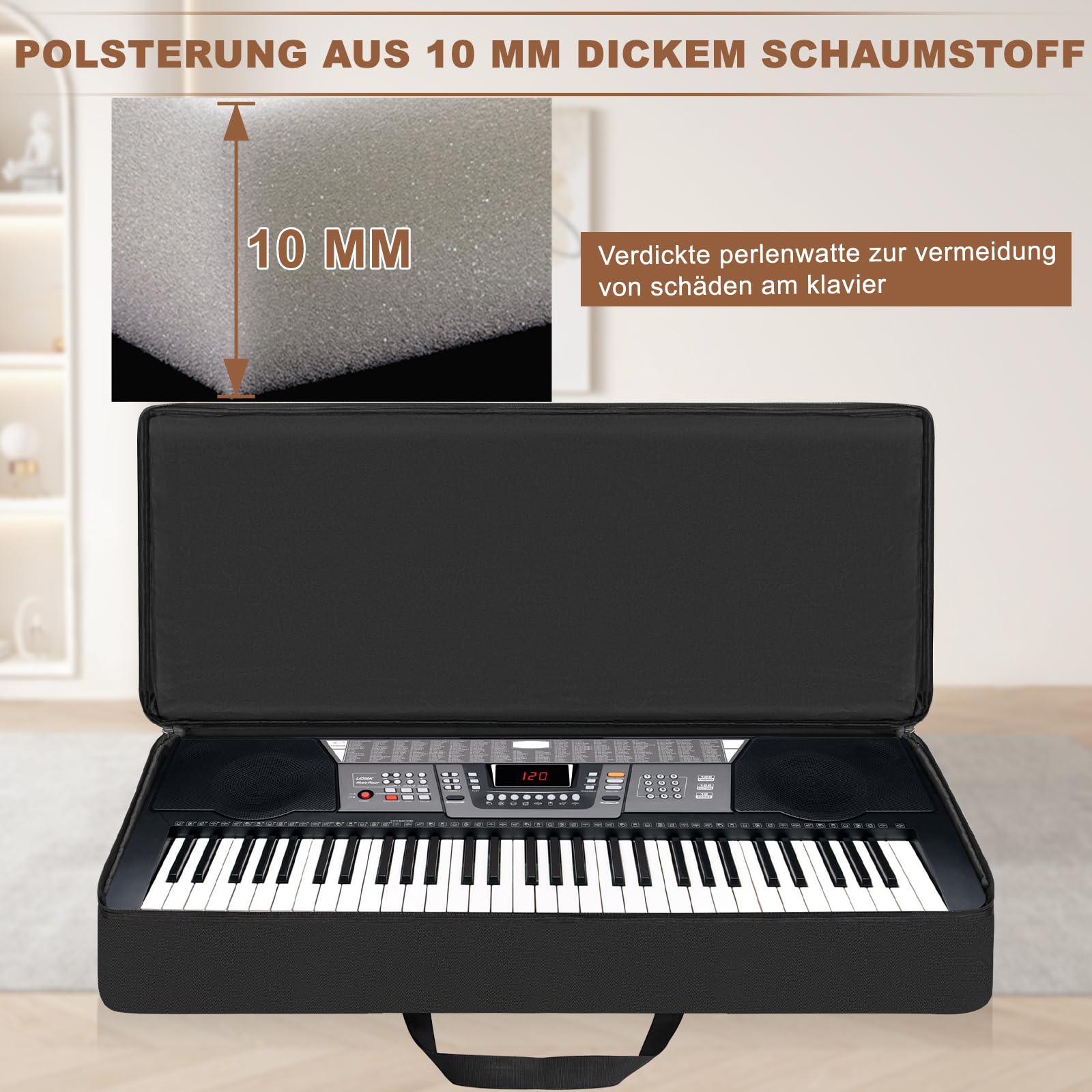 61 Key Keyboard Tasche, Robuste 600D Oxford Keyboardtasche 61 Tasten mit 10 mm Polsterung, Keyboard-Gigbag mit Griffen und Schultergurten für Digitales E-Piano (Schwarz)