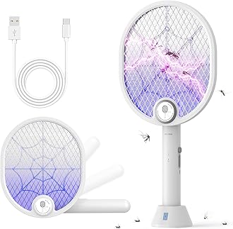 Buzbug Electric Fly Swatter, Type-C Rechargeable Bug Zapper Racket with Charging Base, Foldable Bug Zapper for Indoor and Outdoor, Mosquito Swatter with Blue-Purple Working Light