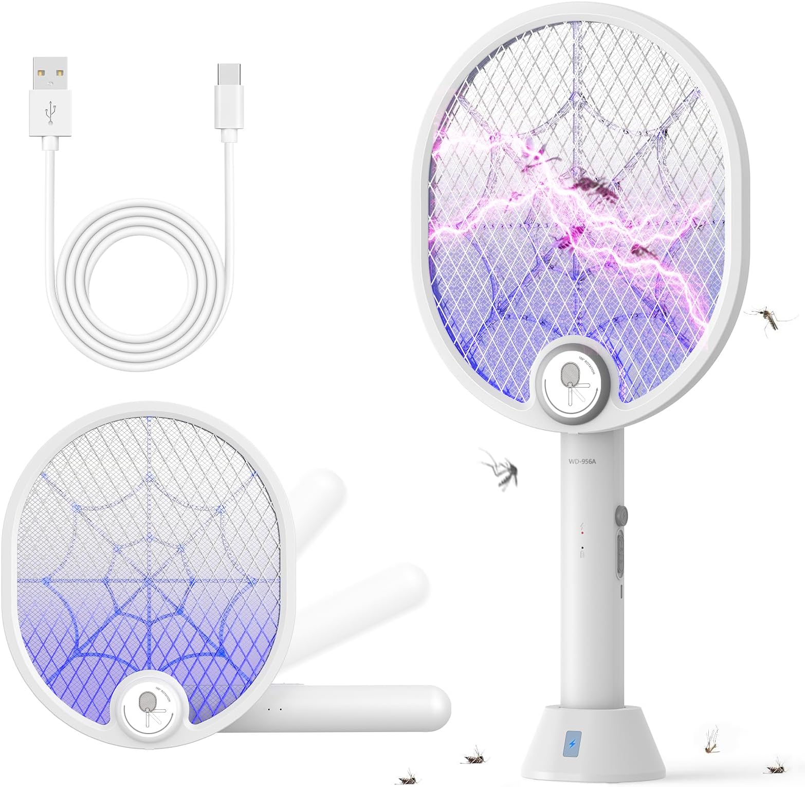 Buzbug Electric Fly Swatter, Type-C Rechargeable Bug Zapper Racket with Charging Base, Foldable Bug Zapper for Indoor and Outdoor, Mosquito Swatter with Blue-Purple Working Light