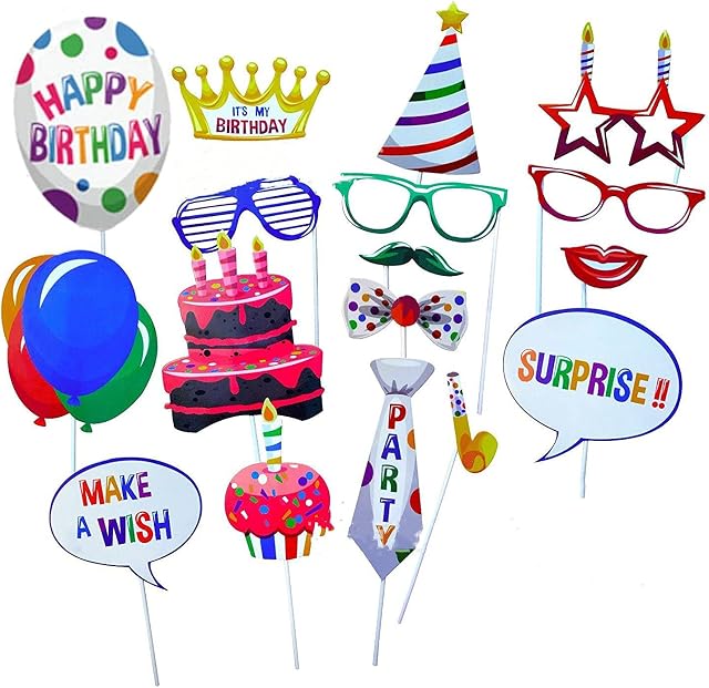 22pcs Birthday Photo Booth Props, Happy Birthday Decorations Girls Boys DIY Photo Booth Props Kits Party Accessories or Gift, Birthday Party Favors Supplies