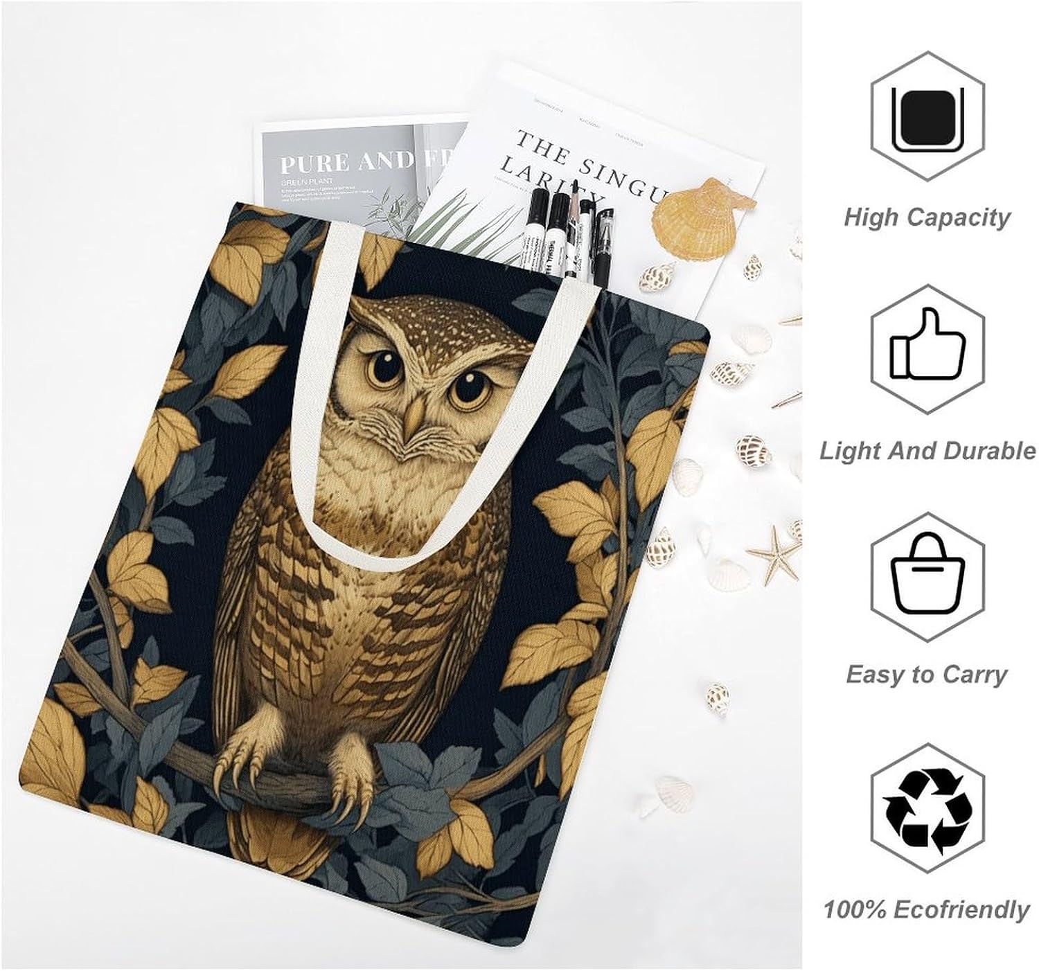 Owl Design Canvas Tote Bag Reusable Grocery Bags Foldable Soft Cotton Shoulder Carry Bag