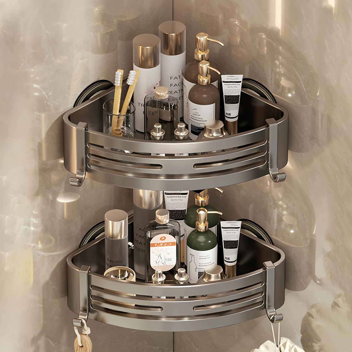 Corner Shower Caddy Suction Cup,Shower Shelves with Hooks,No Drilling Powerful Suction Bathroom Organizers and Storage,Removable Waterproof Rustproof Shower Bathroom Accessories Decor(Grey 2Pack) 2 Pack