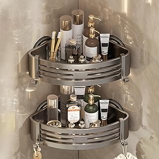 Corner Shower Caddy Suction Cup,Shower Shelves with Hooks,No Drilling Powerful Suction Bathroom Organizers and Storage,Removable Waterproof Rustproof Shower Bathroom Accessories Decor(Grey 2Pack)