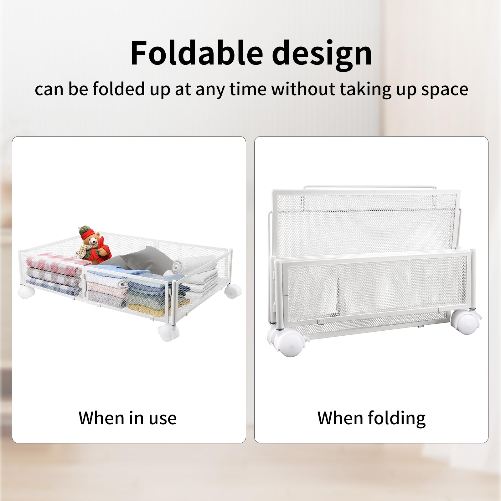 HUOLE Cassetto sotto-letto-pieghevole in metallo, vassoio portaoggetti sotto il letto, rotella, montaggio senza attrezzi, per camera da letto, soggiorno (60 * 40 * 17 cm-bianco-2 pezzi)