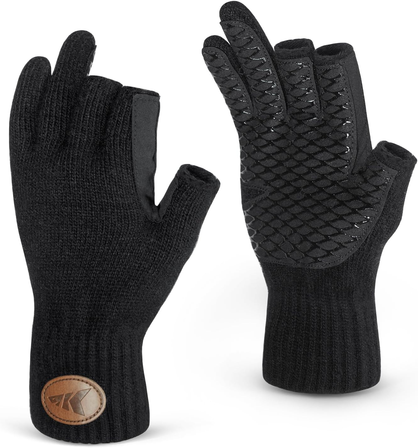 KastKing Bully Wooly 3-Cut Fingerless Wool Fishing Gloves, Cold Weather Warm Winter Gloves for Men & Women, Ice Fishing Black Large-X-Large