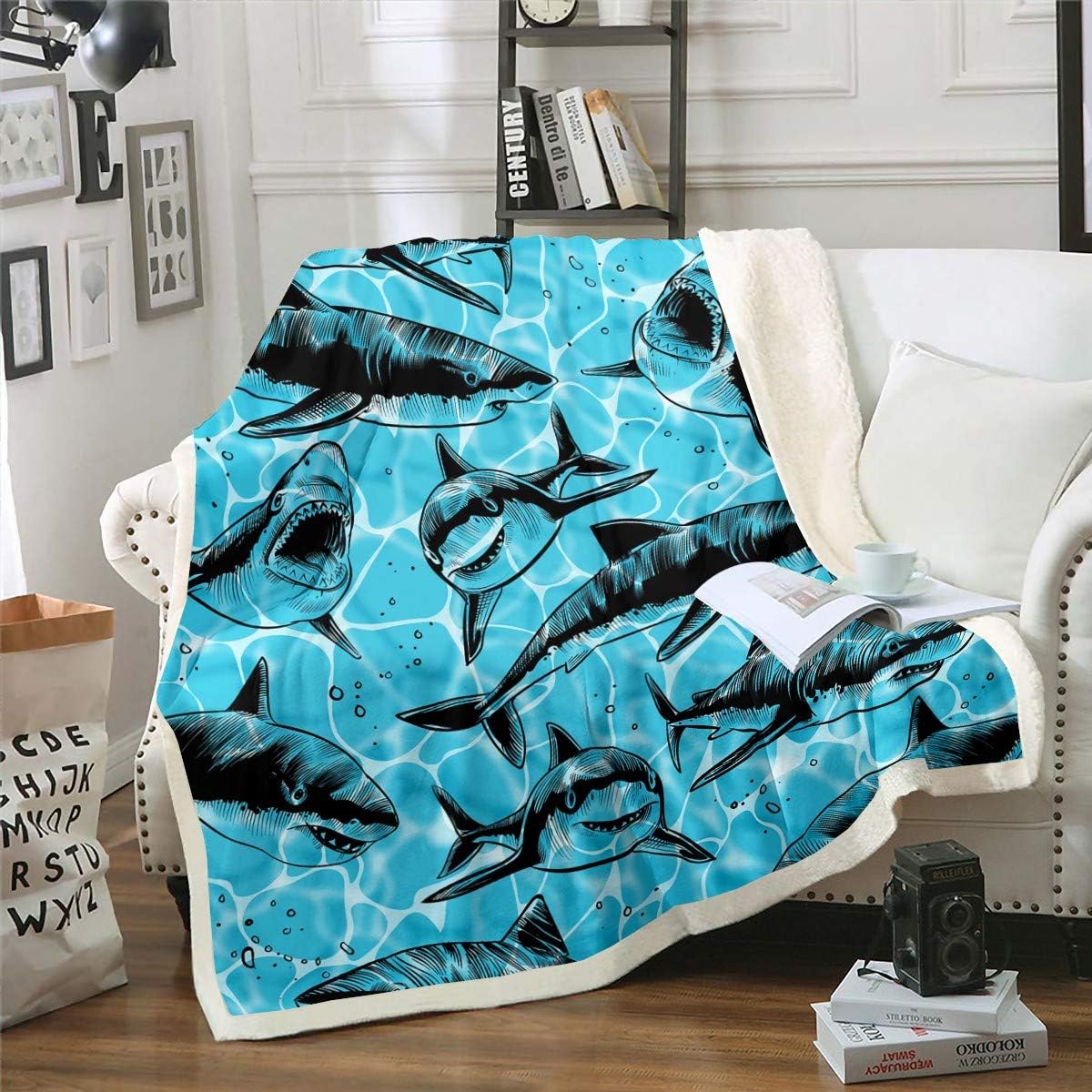 Loussiesd Shark Fleece Throw Blanket for Boys Kids, Toddlers, Ocean Marine Life Sherpa Sea Creature Plush