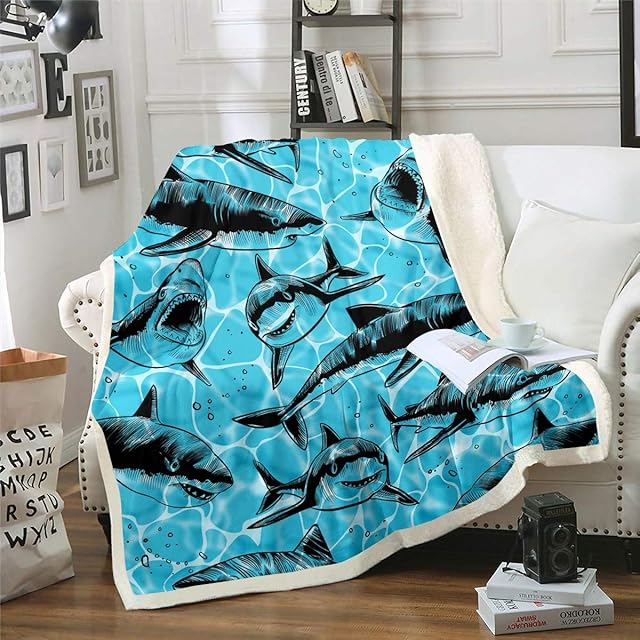 Loussiesd Shark Fleece Throw Blanket Boys Kids Toddler Ocean Marine Life Sherpa Blanket Sea Creature Plush Blanket Aquatic Animal Fuzzy Blanket for Sofa Bed Soft Lightweight Blue Single 50"x60"