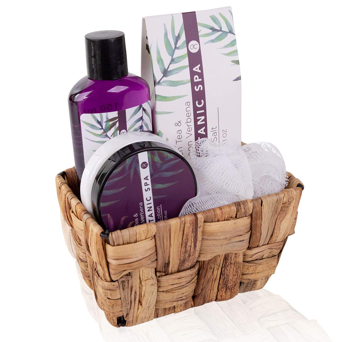 Accentra - Set de bain femme Botanic SPA dans corbeille - Kit soins 4 pcs avec gel douche, sel de bain, lotion pour corps & éponge maillée - Ensemble cadeau Wellness pour anniversaire, Saint-Valentin