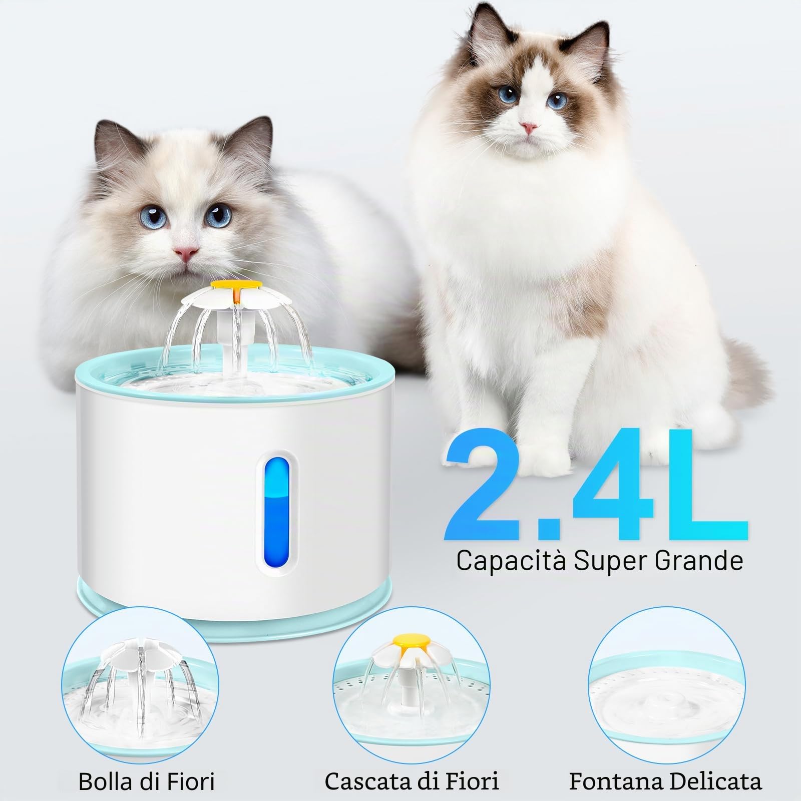 AQXONG Fontanella per Gatti da 2.4 Litri Con Quattro Filtri, Fontana per Animali Domestici Ultra Silenziosa con Luce a LED - Sistema di Filtrazione Quadruplo, Tre Modalità di Flusso Dell'acqua