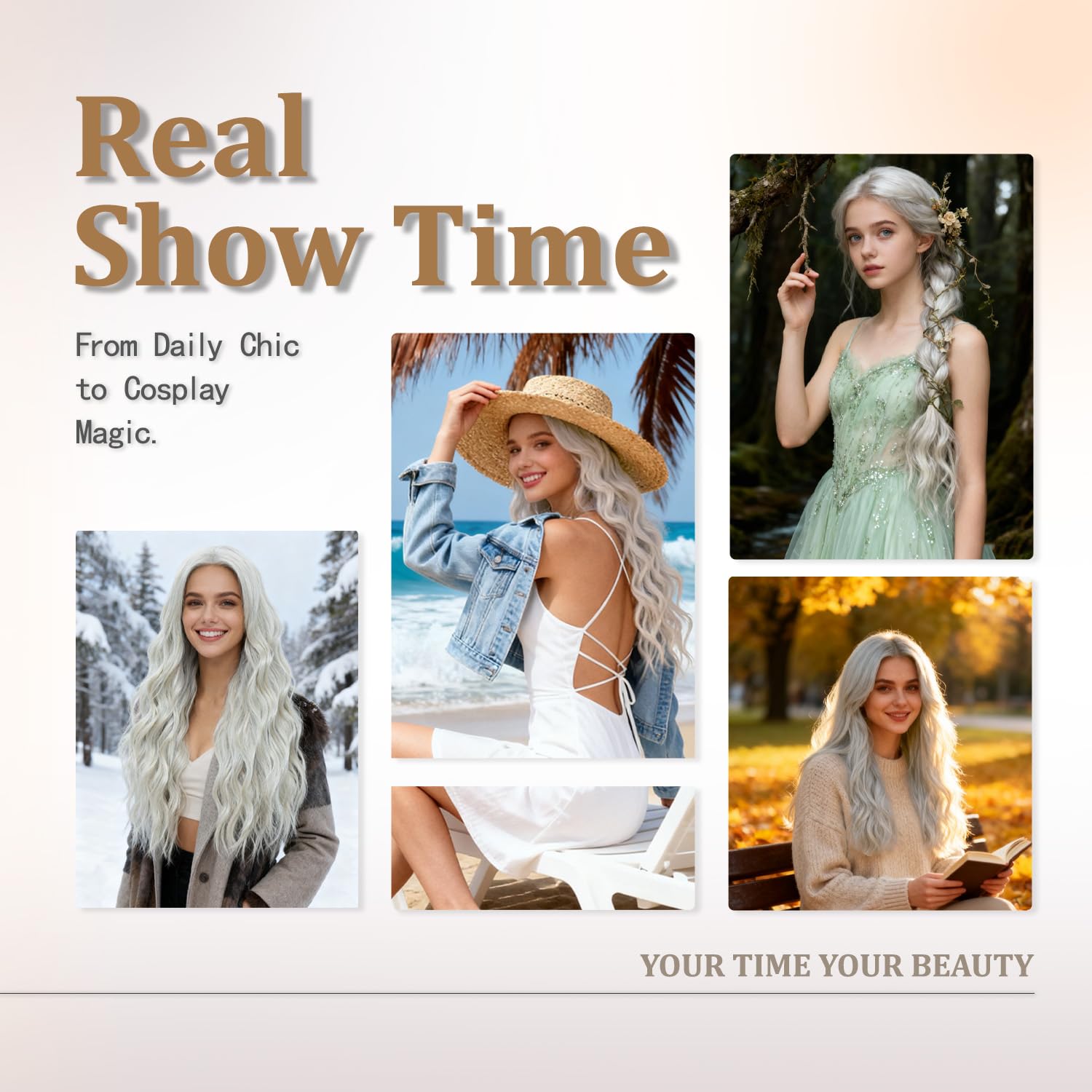 GUOJIAN Long Wave Wig 26inch Silver Grey 13x5x1 HD Lace Front Synthetic Wavy Wigs For Women Heat Resistant Curly Wig for Cosplay Halloween Daily Use