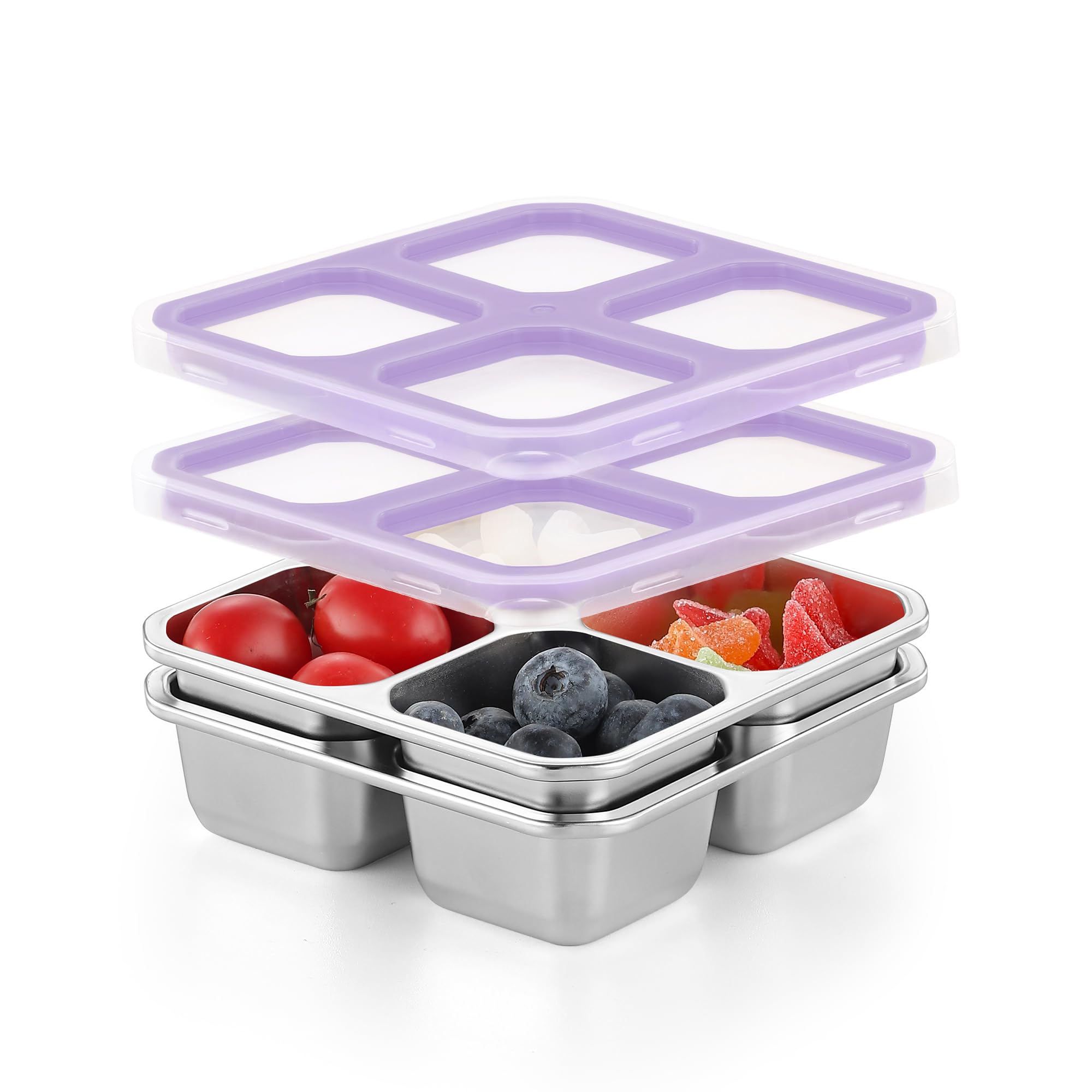 Misichao Stainless Steel Snack Boxes with 4 Compartments | Reusable Snack Containers Small Bento Lunch Box for Kids Adults Divided Meal Prep Containers for School Work and Travel 2 Pack (Purple-2)