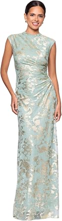 Betsy & Adam Womens Metallic Floral Print Mock Neck Sleeveless Knit Sheath Gown with Ruched Waist