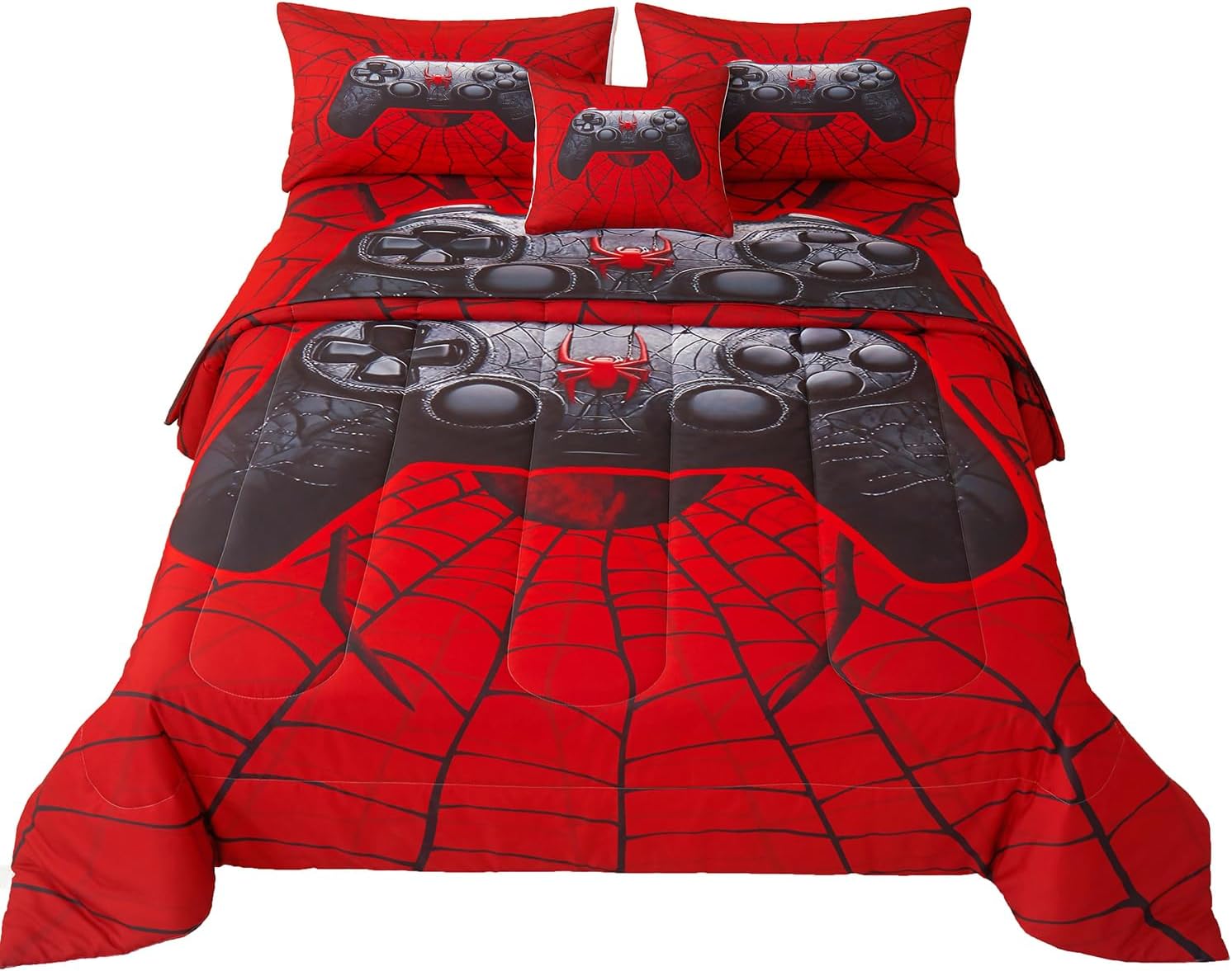 6 Pieces Gamer Comforter Sets for Boys Teens and Adults,Red Color,6 Piece Bedding Sets with Comforter,Flat Sheet,Fitted Sheet,Throw Pillow Cover,Pillow Shams,Twin Size