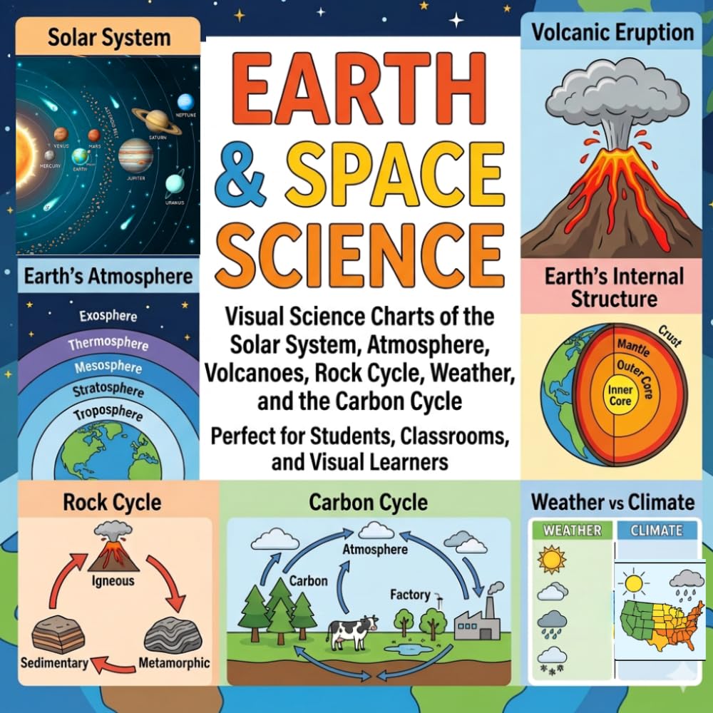 Earth & Space Science: Visual Science Charts of the Solar System, Atmosphere, Volcanoes, Rock Cycle, Weather, and the Carbon Cycle, poster book
